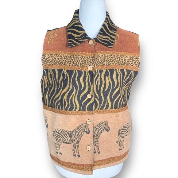 Vintage 90s Vest Safari Zebra Animal Print Button Down Tan Black Tapestry Shirt - Picture 3 of 9